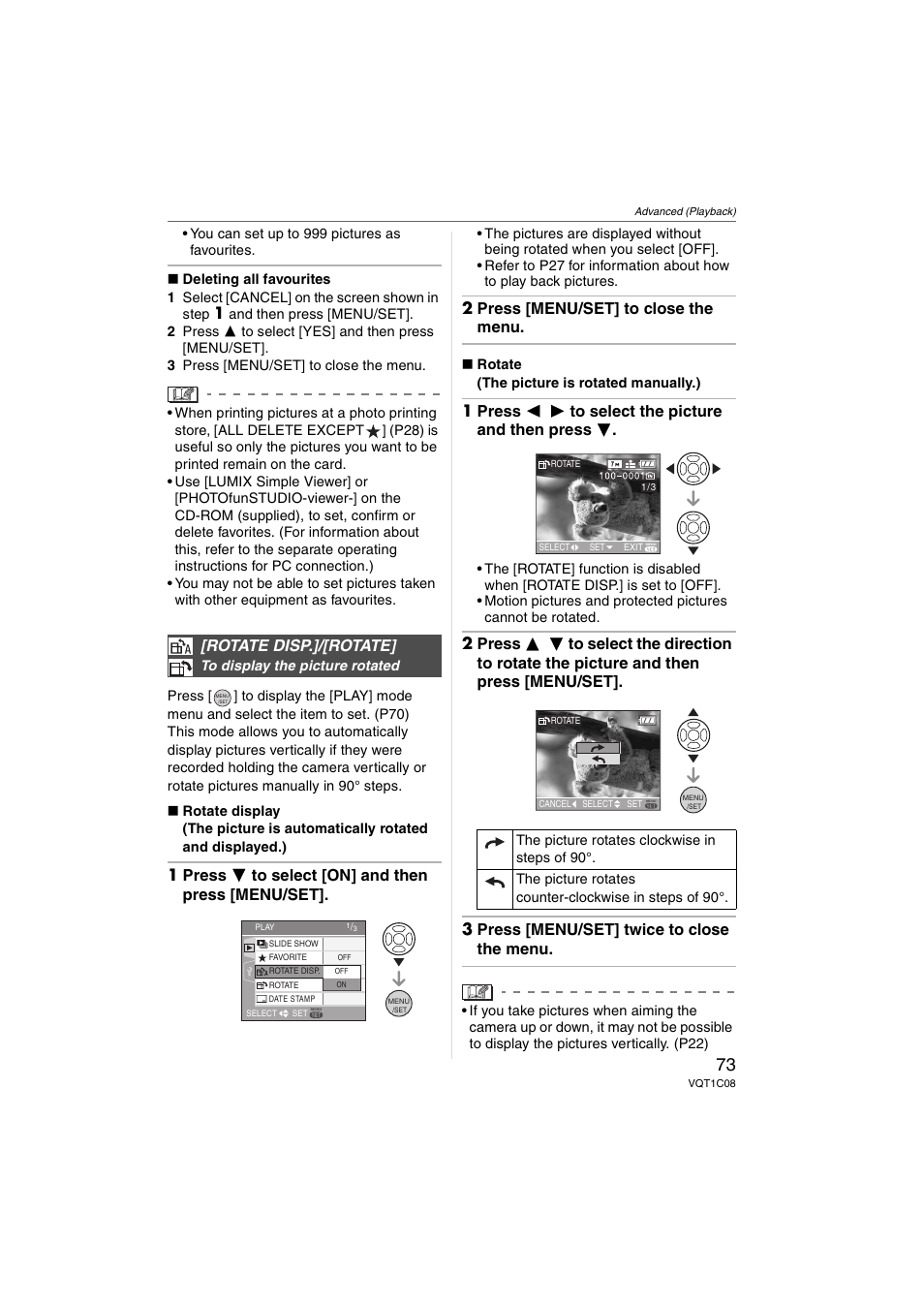 1 press 4 to select [on] and then press [menu/set, 2 press [menu/set] to close the menu, 1 press 2 1 to select the picture and then press 4 | Rotate disp.]/[rotate | Panasonic DMC-FX30 User Manual | Page 73 / 112