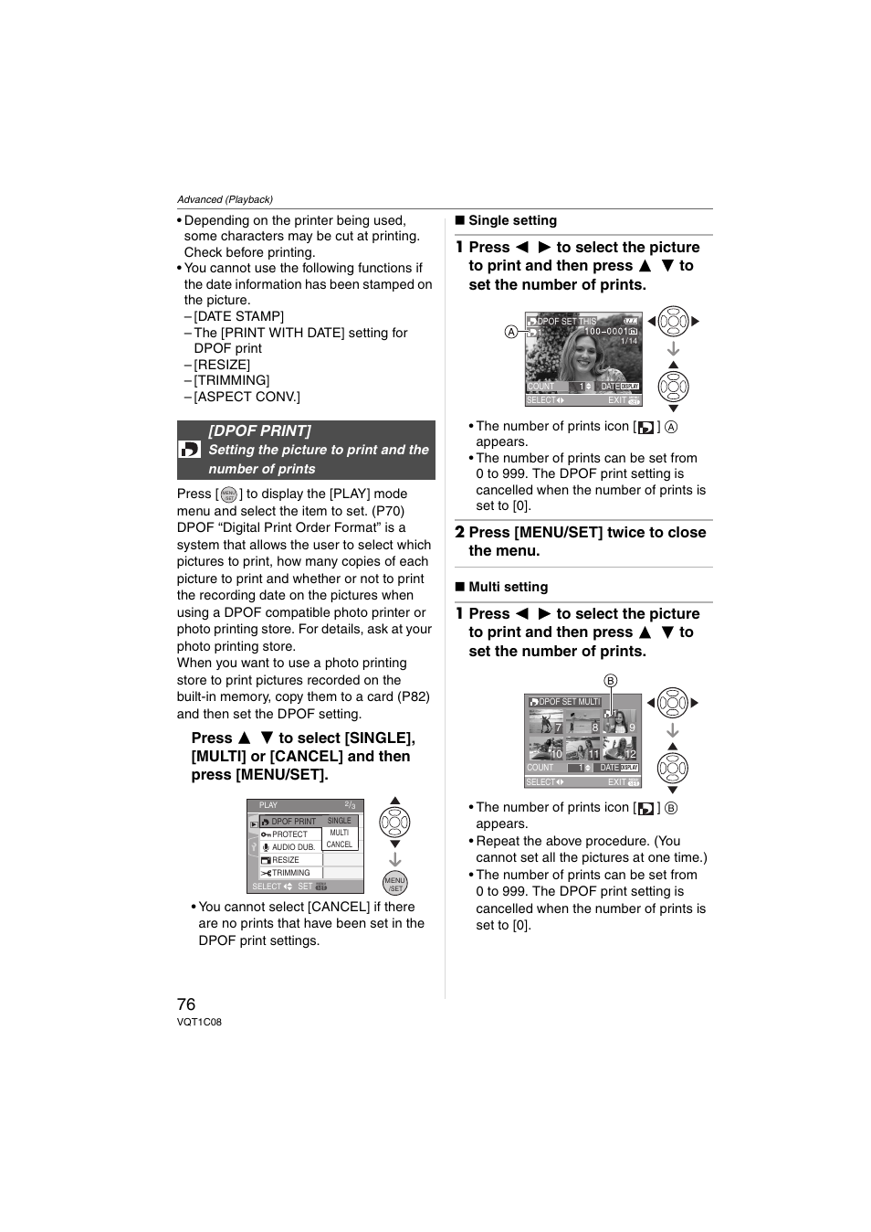 2 press [menu/set] twice to close the menu, Dpof print | Panasonic DMC-FX30 User Manual | Page 76 / 112