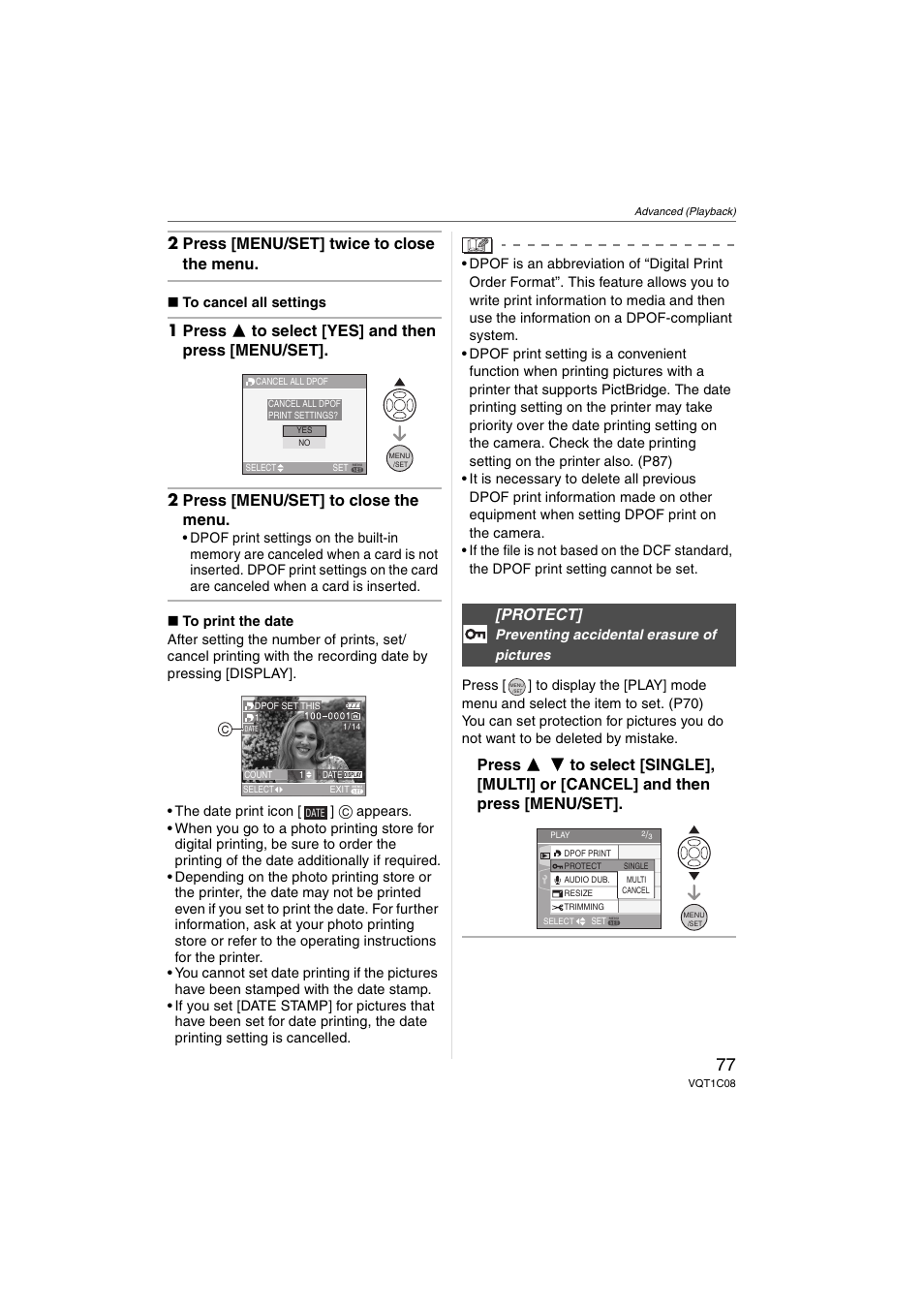 2 press [menu/set] twice to close the menu, Protect | Panasonic DMC-FX30 User Manual | Page 77 / 112