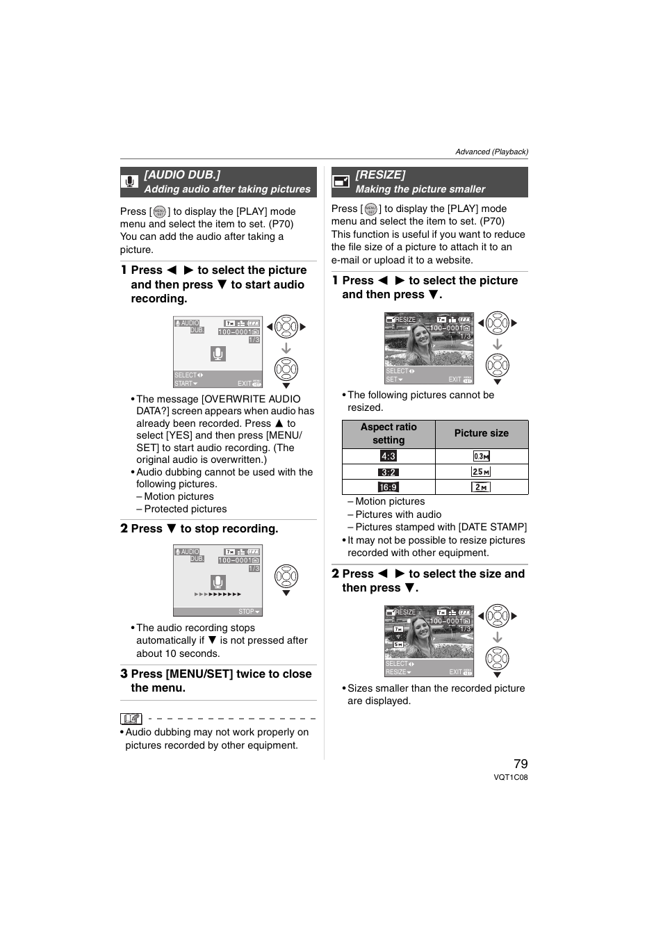 2 press 4 to stop recording, 3 press [menu/set] twice to close the menu, 1 press 2 1 to select the picture and then press 4 | 2 press 2 1 to select the size and then press 4, Audio dub, Resize | Panasonic DMC-FX30 User Manual | Page 79 / 112
