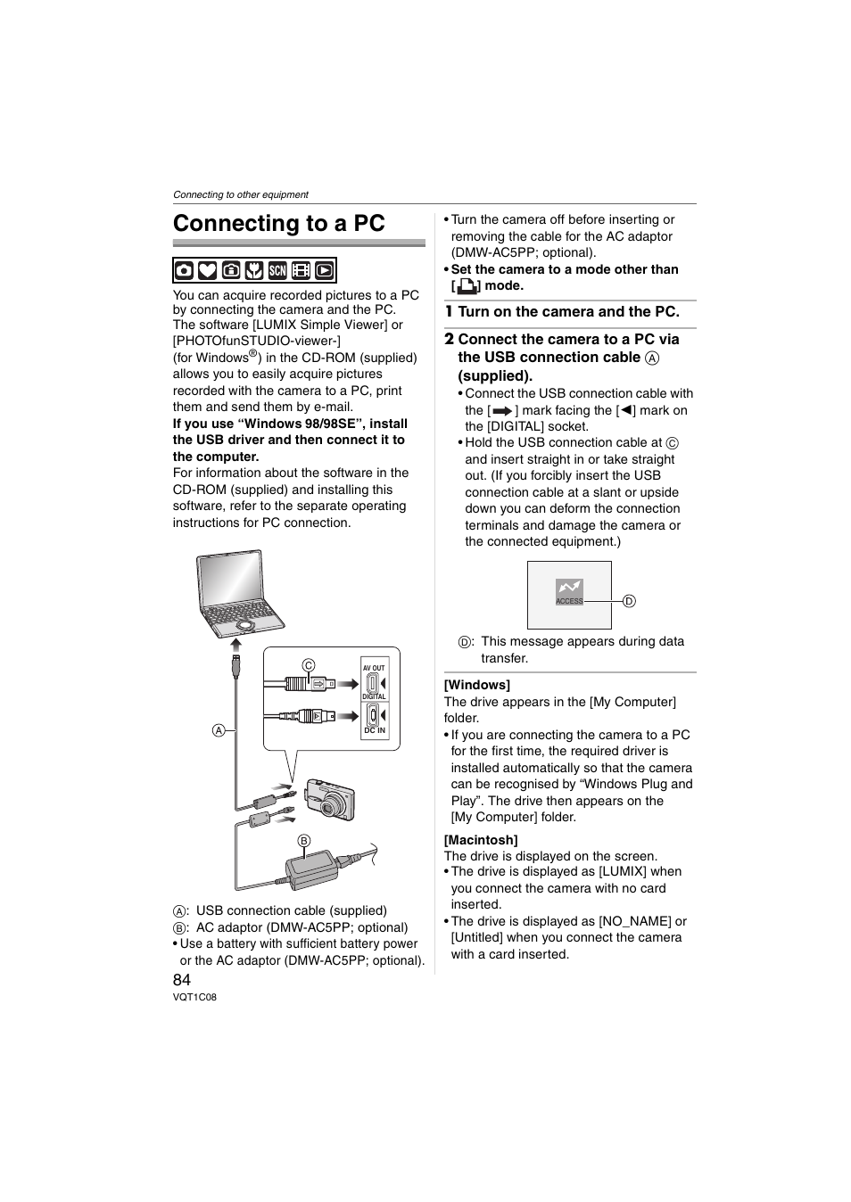 Connecting to a pc | Panasonic DMC-FX30 User Manual | Page 84 / 112