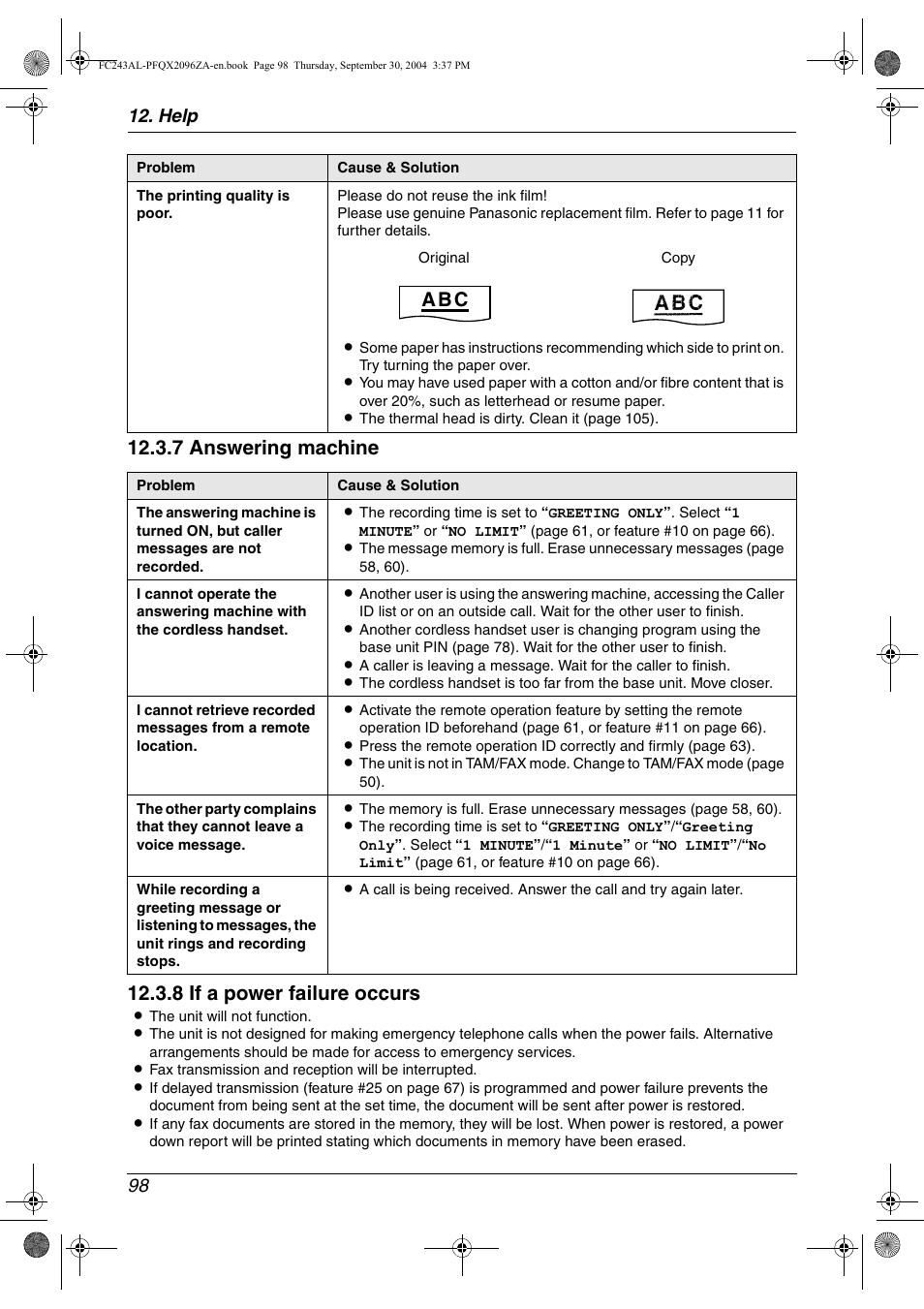 A b c, Help 98 | Panasonic KX-FC241AL User Manual | Page 100 / 114