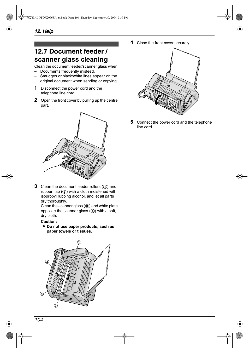 7 document feeder / scanner glass cleaning | Panasonic KX-FC241AL User Manual | Page 106 / 114