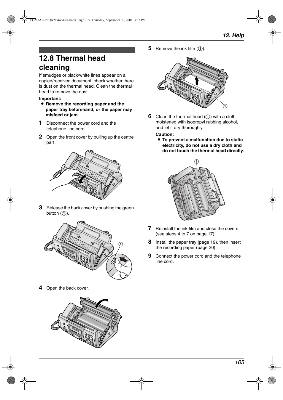 8 thermal head cleaning | Panasonic KX-FC241AL User Manual | Page 107 / 114