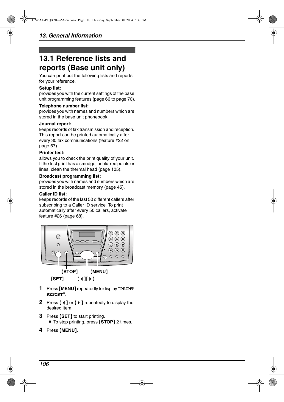 1 reference lists and reports (base unit only), General information 106 | Panasonic KX-FC241AL User Manual | Page 108 / 114