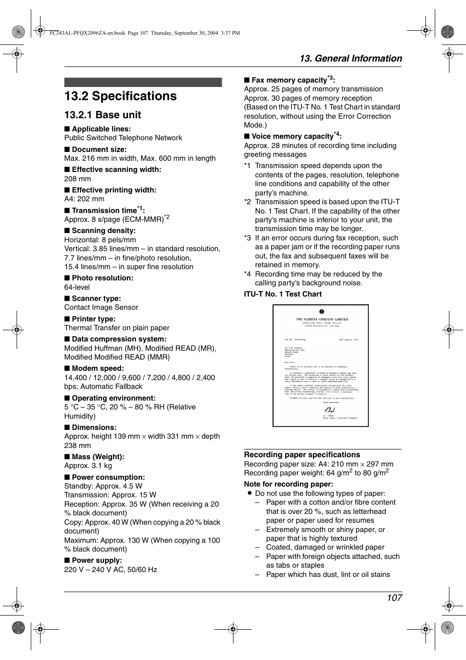 2 specifications, 1 base unit, General information 107 | Panasonic KX-FC241AL User Manual | Page 109 / 114