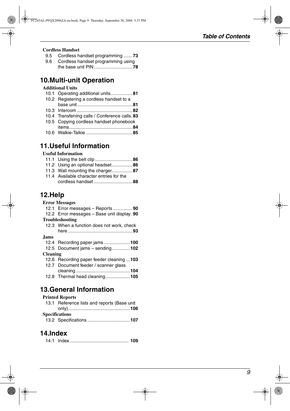 Multi-unit operation, Useful information, Help | General information, Index | Panasonic KX-FC241AL User Manual | Page 11 / 114