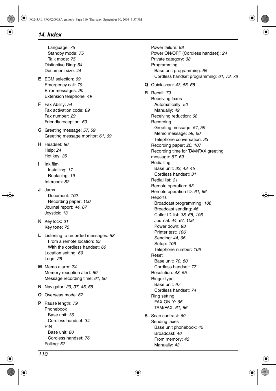 Index 110 | Panasonic KX-FC241AL User Manual | Page 112 / 114