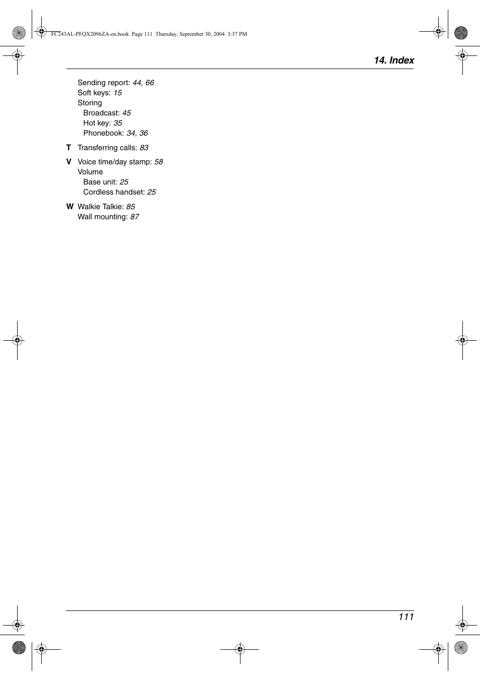 Index 111 | Panasonic KX-FC241AL User Manual | Page 113 / 114