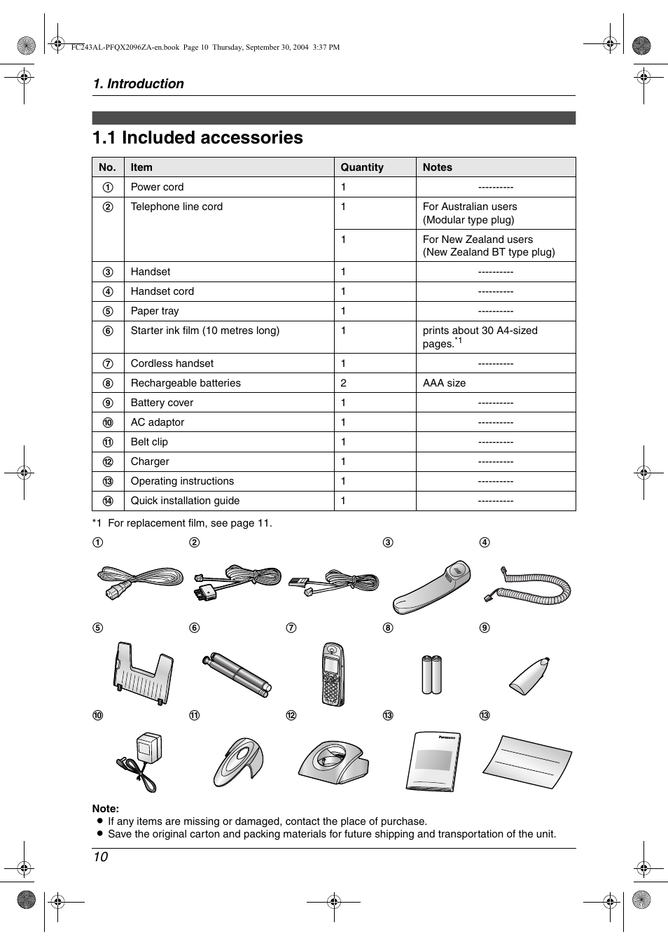 1 included accessories, Introduction 10 | Panasonic KX-FC241AL User Manual | Page 12 / 114