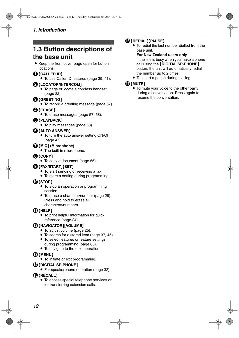 3 button descriptions of the base unit | Panasonic KX-FC241AL User Manual | Page 14 / 114