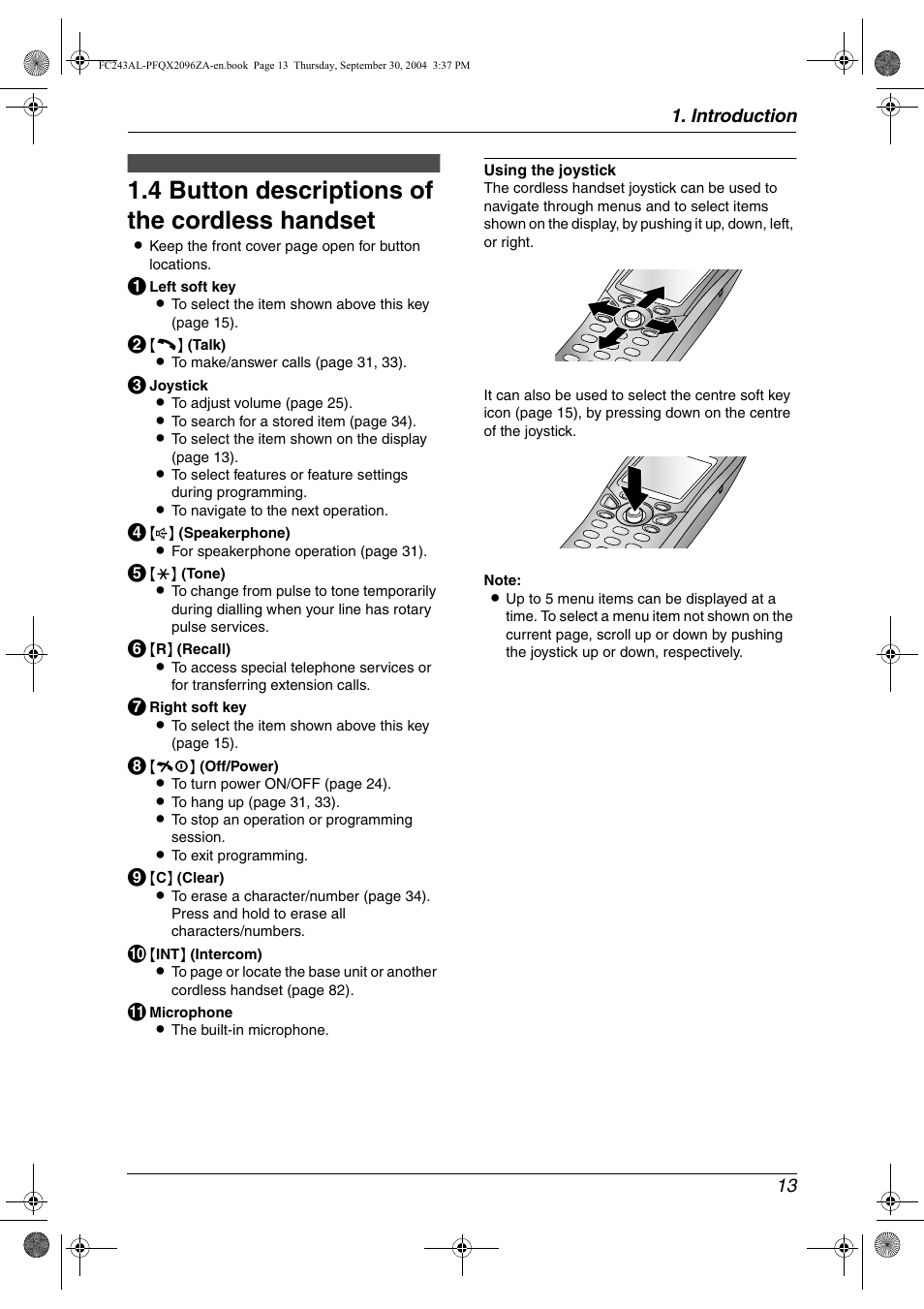 4 button descriptions of the cordless handset | Panasonic KX-FC241AL User Manual | Page 15 / 114