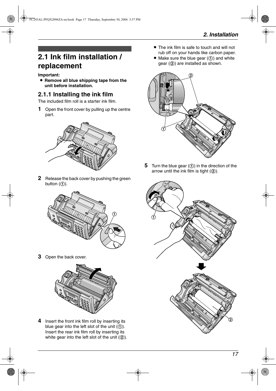 1 ink film installation / replacement, 1 installing the ink film, Installation 17 | Panasonic KX-FC241AL User Manual | Page 19 / 114