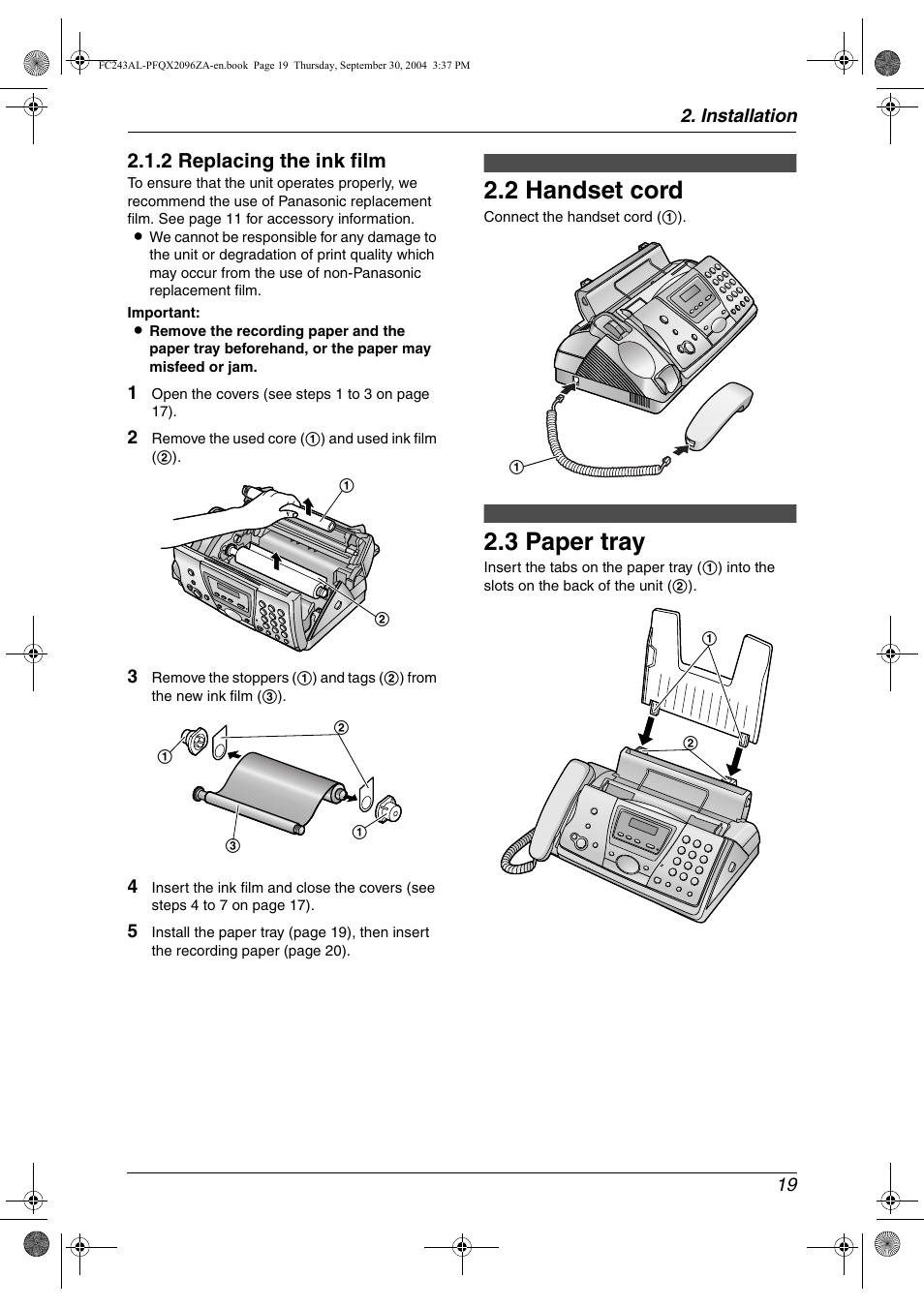 2 handset cord, 3 paper tray, 2 replacing the ink film | Panasonic KX-FC241AL User Manual | Page 21 / 114