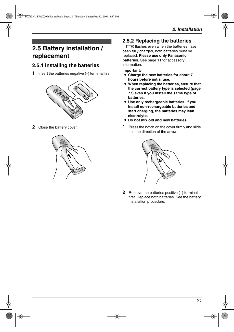 5 battery installation / replacement, 1 installing the batteries, 2 replacing the batteries | Panasonic KX-FC241AL User Manual | Page 23 / 114