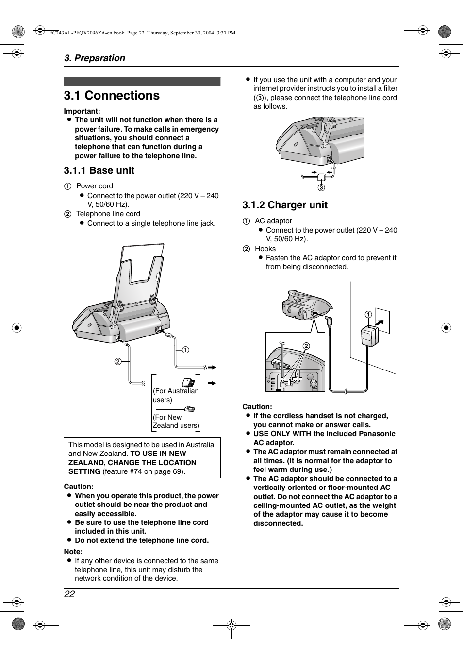 1 connections, 1 base unit, 2 charger unit | Preparation 22 | Panasonic KX-FC241AL User Manual | Page 24 / 114