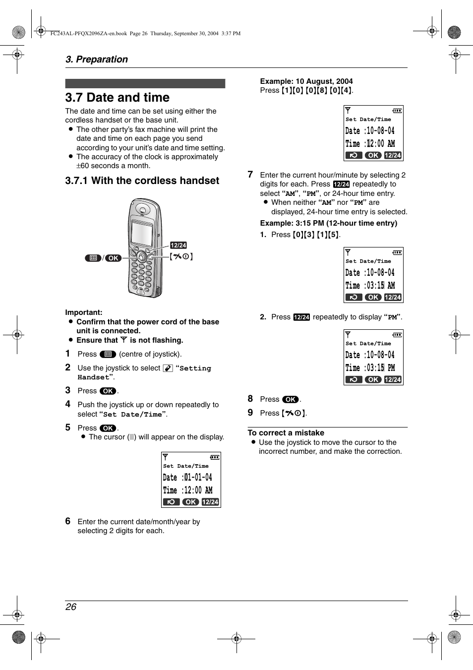 7 date and time, 1 with the cordless handset | Panasonic KX-FC241AL User Manual | Page 28 / 114