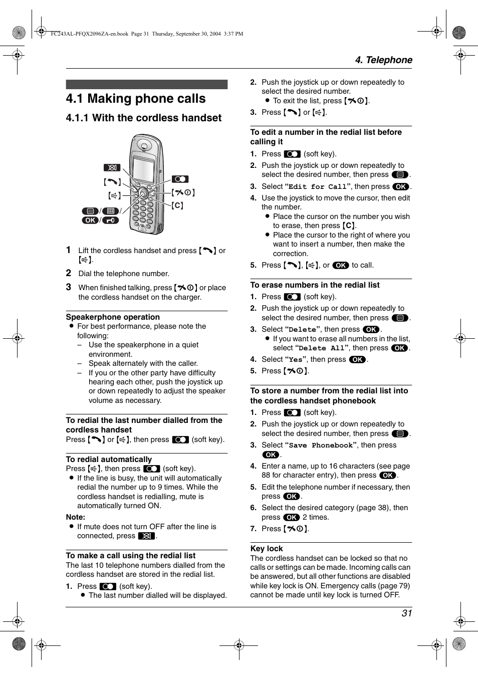 1 making phone calls, 1 with the cordless handset, Telephone 31 | Panasonic KX-FC241AL User Manual | Page 33 / 114