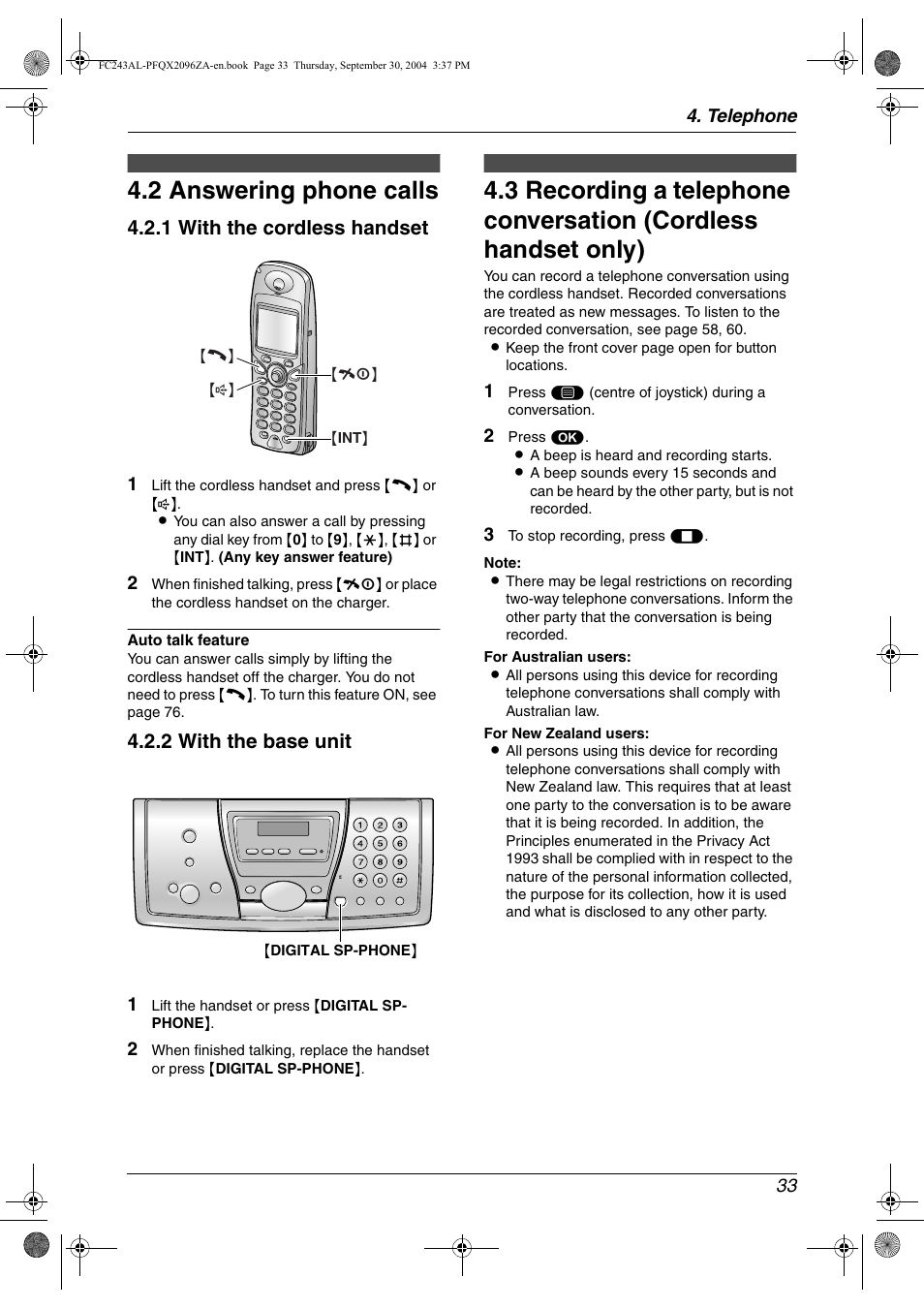 2 answering phone calls, 1 with the cordless handset, 2 with the base unit | Panasonic KX-FC241AL User Manual | Page 35 / 114