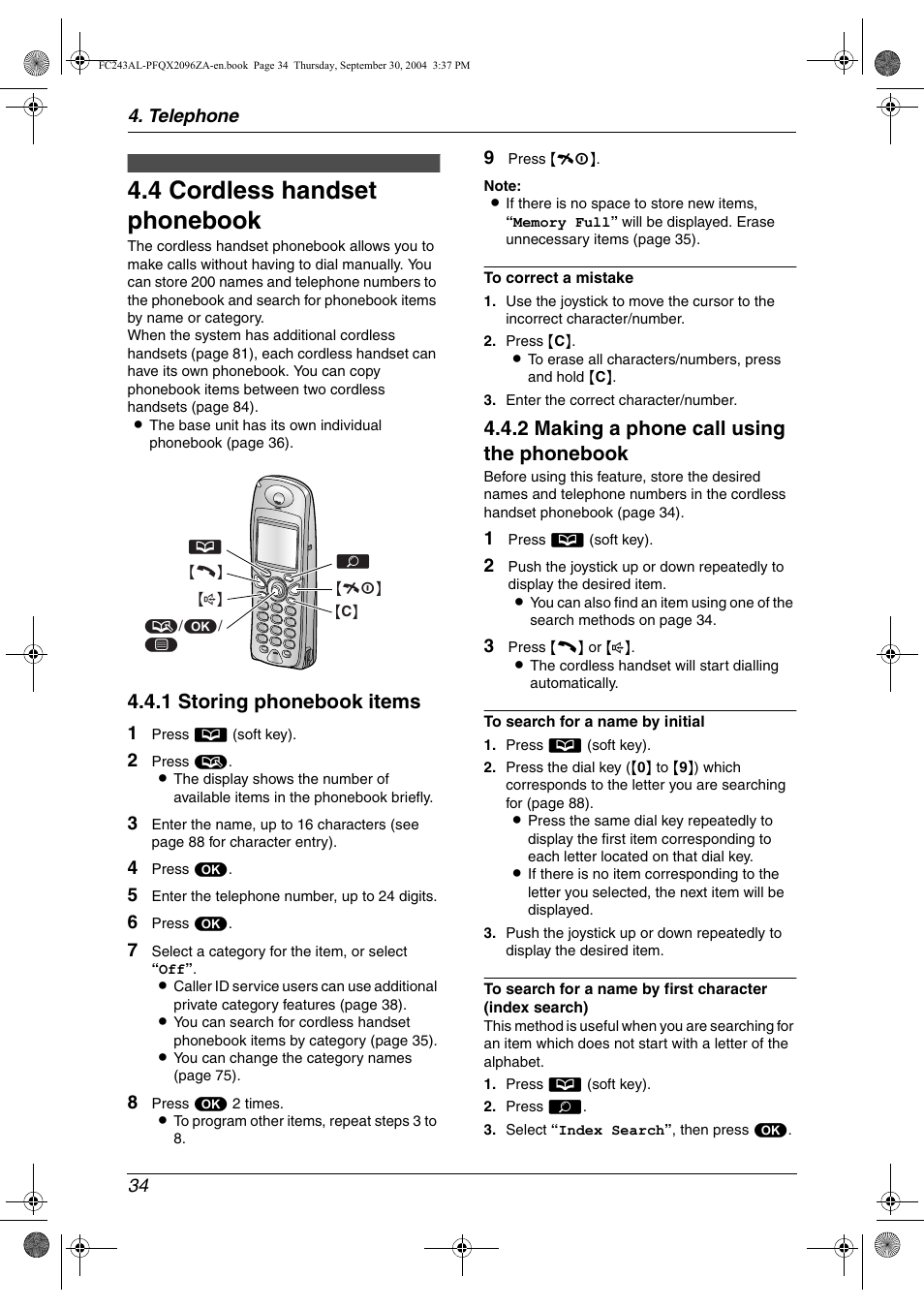 4 cordless handset phonebook, 1 storing phonebook items, 2 making a phone call using the phonebook | Panasonic KX-FC241AL User Manual | Page 36 / 114