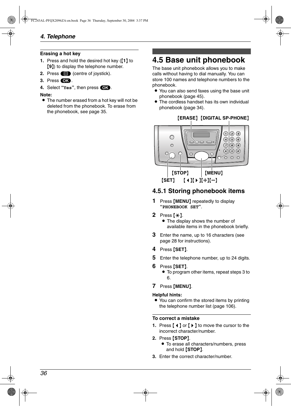 5 base unit phonebook, 1 storing phonebook items | Panasonic KX-FC241AL User Manual | Page 38 / 114