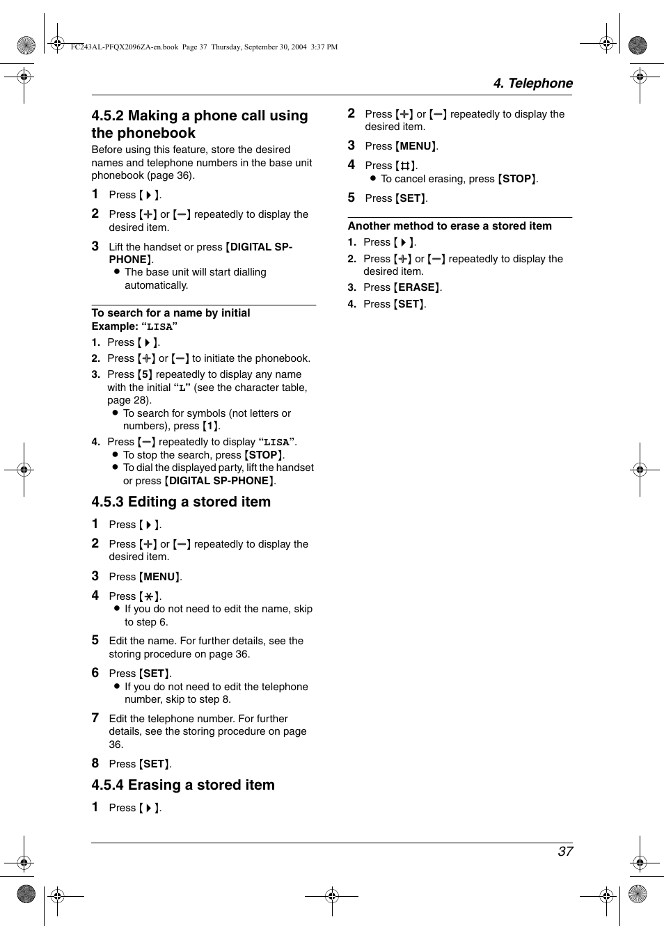 2 making a phone call using the phonebook, 3 editing a stored item, 4 erasing a stored item | Panasonic KX-FC241AL User Manual | Page 39 / 114