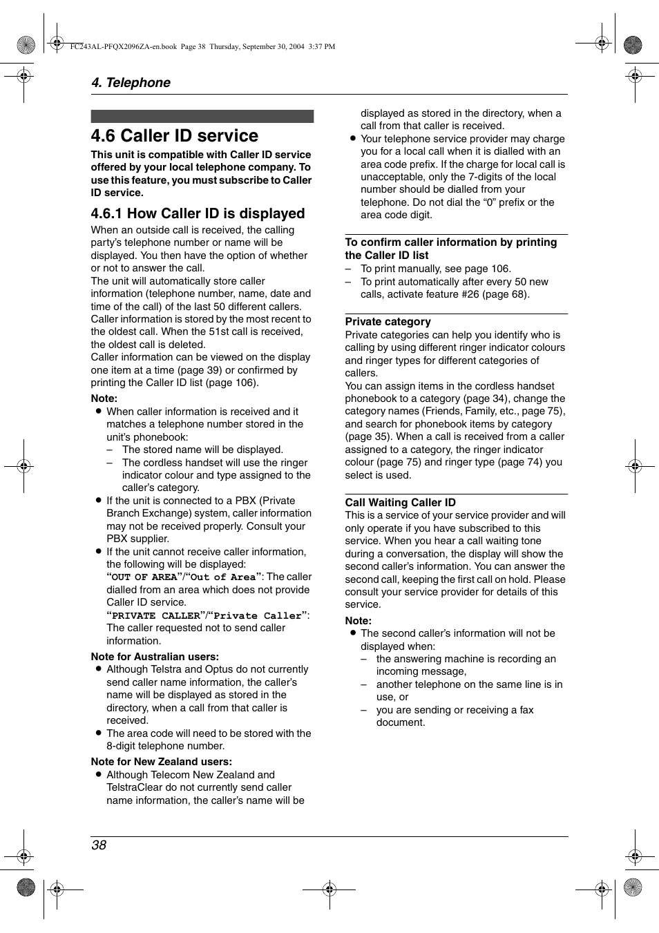 6 caller id service, 1 how caller id is displayed, Telephone 38 | Panasonic KX-FC241AL User Manual | Page 40 / 114