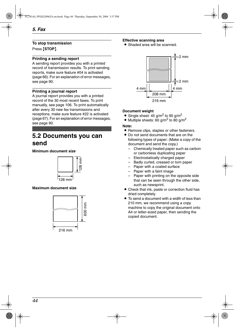 2 documents you can send, Fax 44 | Panasonic KX-FC241AL User Manual | Page 46 / 114