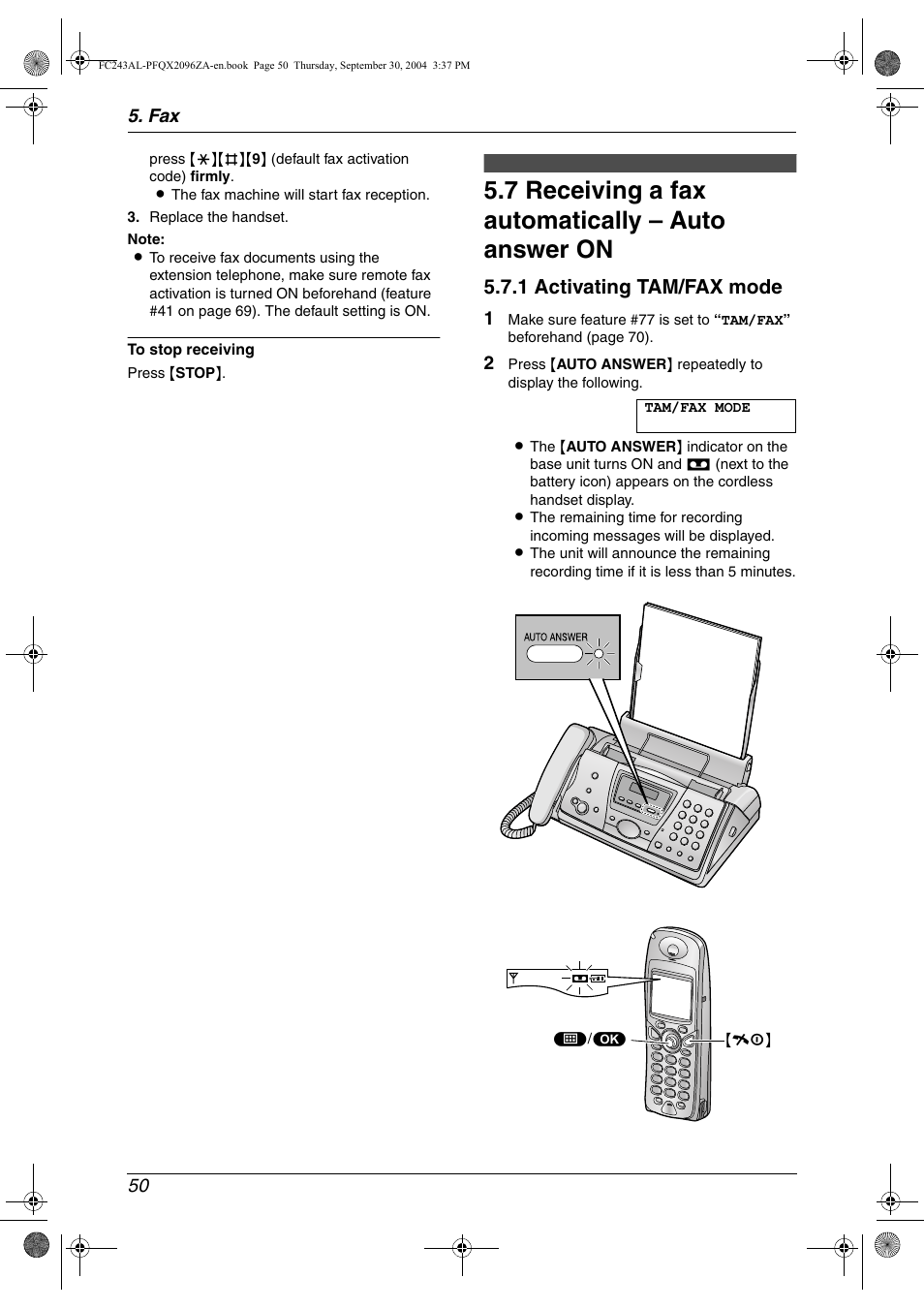 7 receiving a fax automatically – auto answer on, 1 activating tam/fax mode | Panasonic KX-FC241AL User Manual | Page 52 / 114