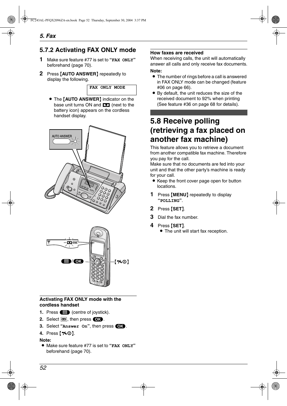 2 activating fax only mode | Panasonic KX-FC241AL User Manual | Page 54 / 114