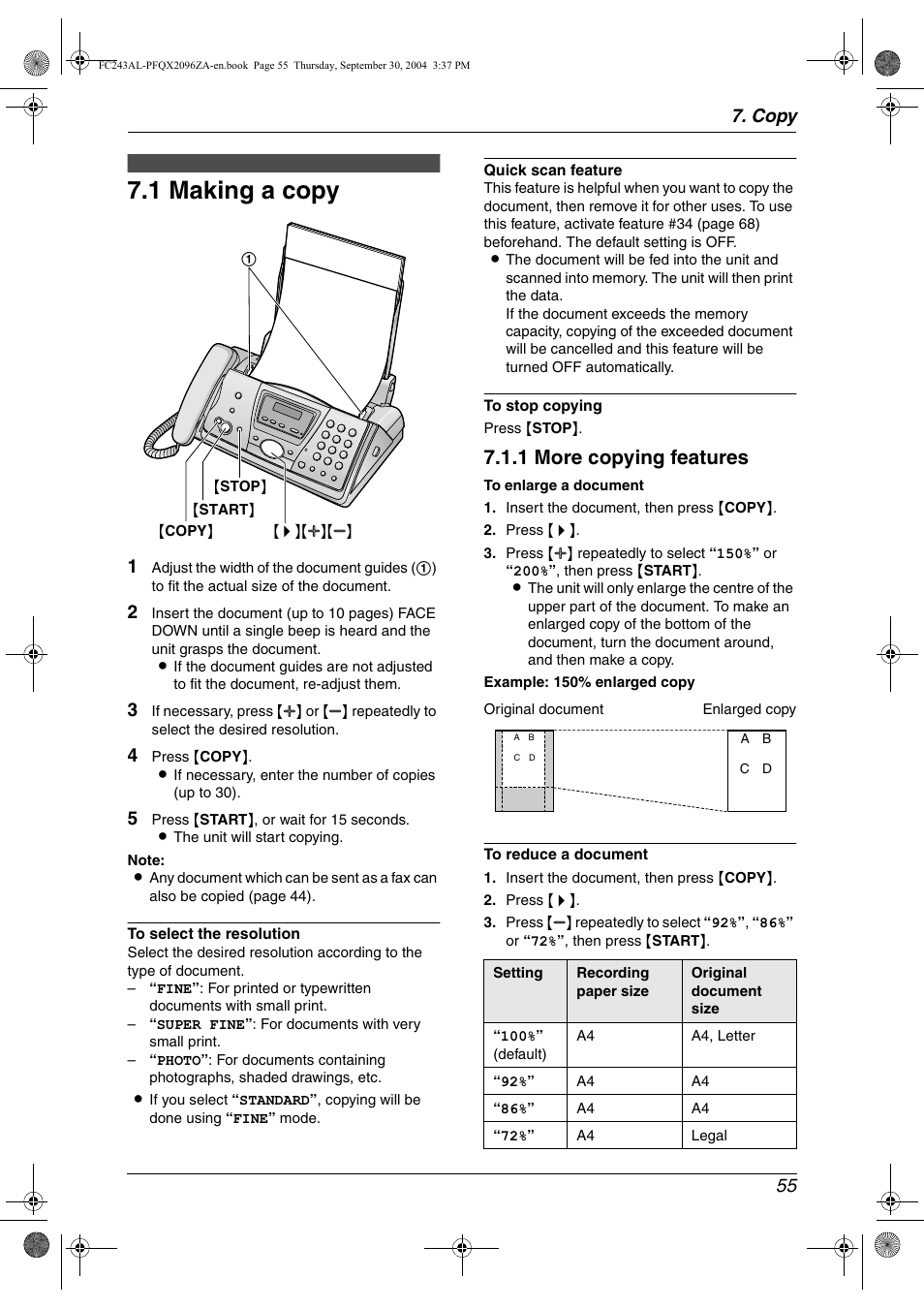 1 making a copy, 1 more copying features, Copy 55 | Panasonic KX-FC241AL User Manual | Page 57 / 114