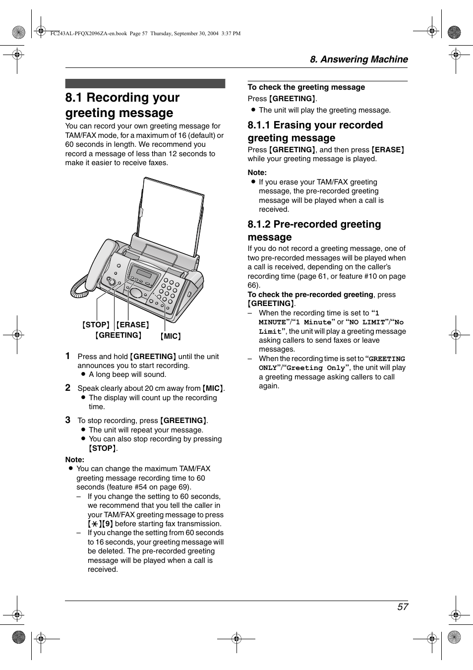 1 recording your greeting message, 1 erasing your recorded greeting message, 2 pre-recorded greeting message | Answering machine 57 | Panasonic KX-FC241AL User Manual | Page 59 / 114