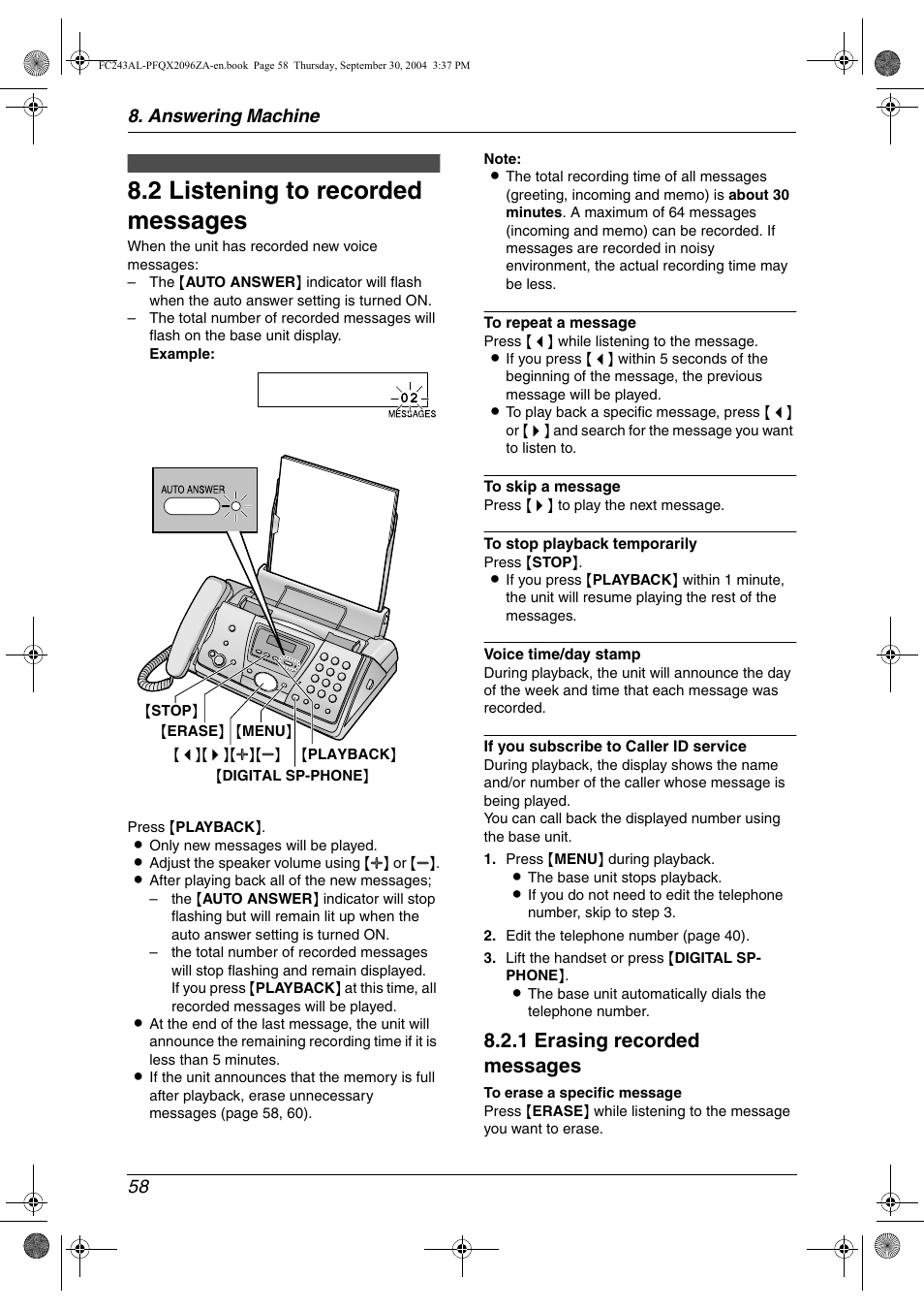 2 listening to recorded messages, 1 erasing recorded messages, Answering machine 58 | Panasonic KX-FC241AL User Manual | Page 60 / 114