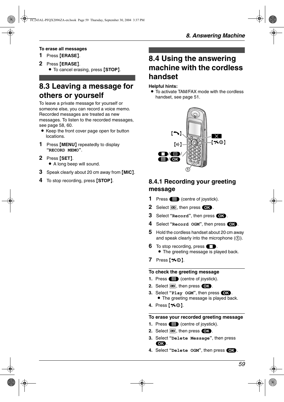 3 leaving a message for others or yourself, 1 recording your greeting message | Panasonic KX-FC241AL User Manual | Page 61 / 114