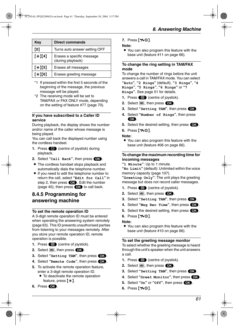 5 programming for answering machine, Answering machine 61 | Panasonic KX-FC241AL User Manual | Page 63 / 114