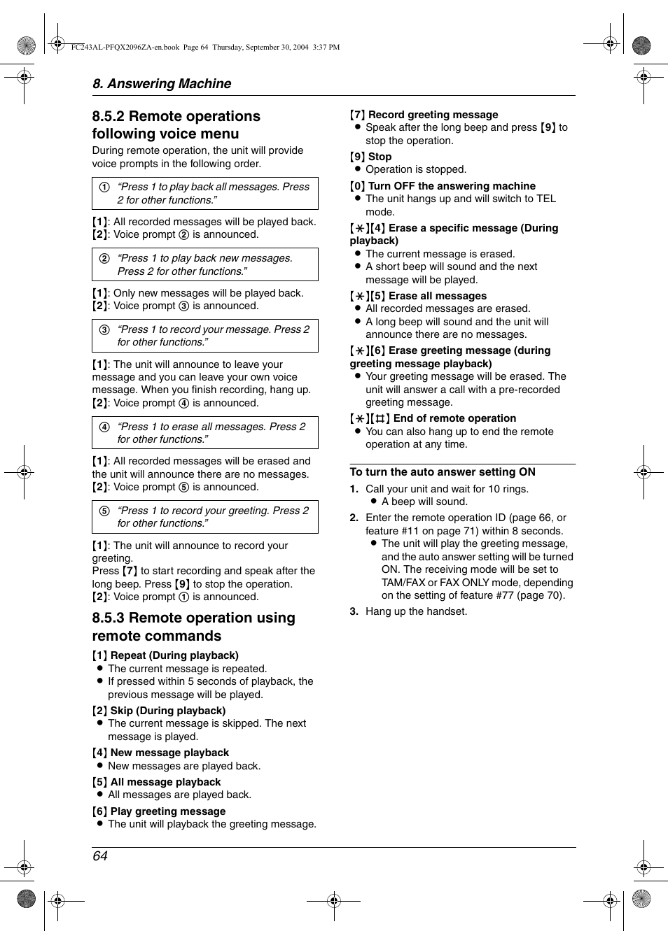 2 remote operations following voice menu, 3 remote operation using remote commands, Answering machine 64 | Panasonic KX-FC241AL User Manual | Page 66 / 114