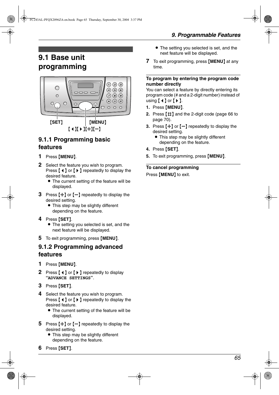 1 base unit programming, 1 programming basic features, 2 programming advanced features | Panasonic KX-FC241AL User Manual | Page 67 / 114