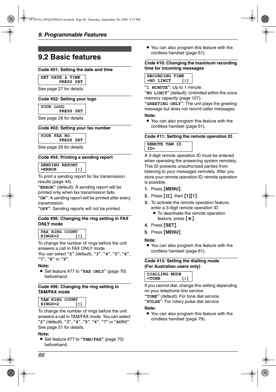 2 basic features, Programmable features 66 | Panasonic KX-FC241AL User Manual | Page 68 / 114