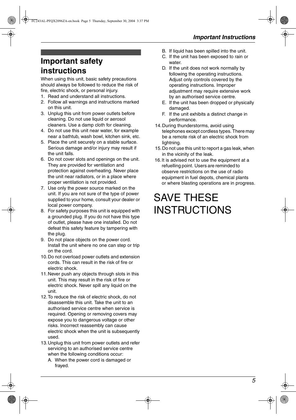 Save these instructions, Important safety instructions, Important instructions 5 | Panasonic KX-FC241AL User Manual | Page 7 / 114