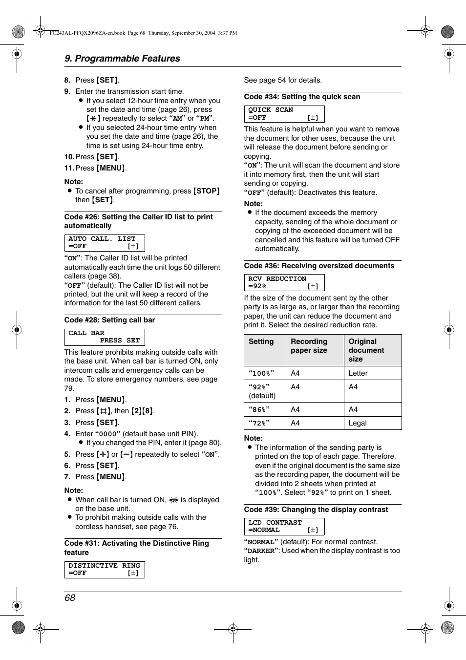 Programmable features 68 | Panasonic KX-FC241AL User Manual | Page 70 / 114