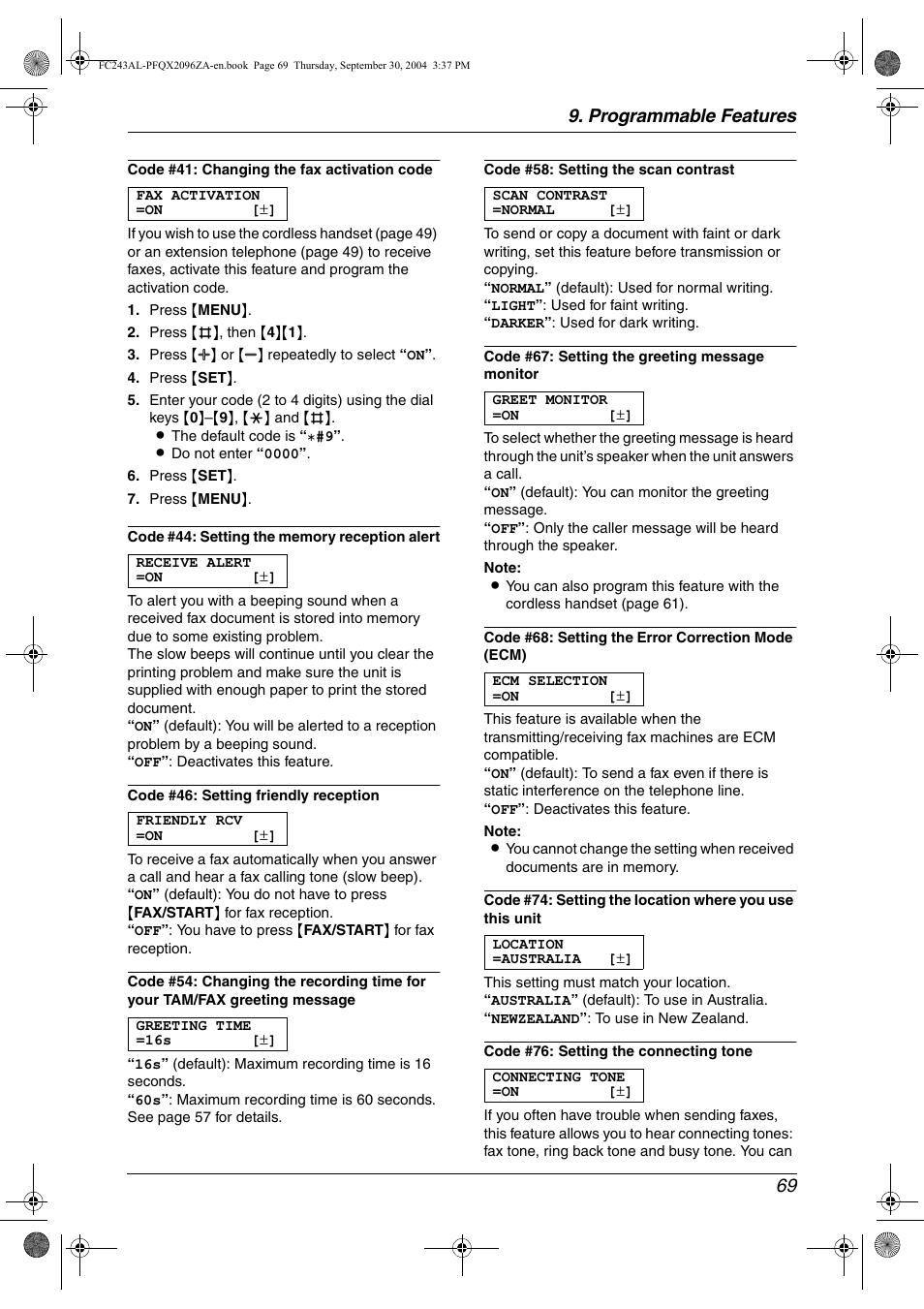 Programmable features 69 | Panasonic KX-FC241AL User Manual | Page 71 / 114