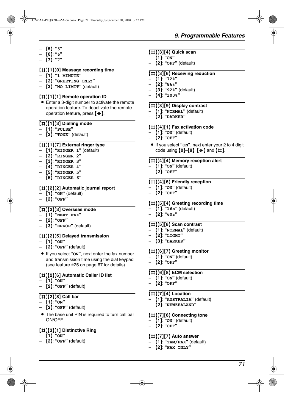 Programmable features 71 | Panasonic KX-FC241AL User Manual | Page 73 / 114