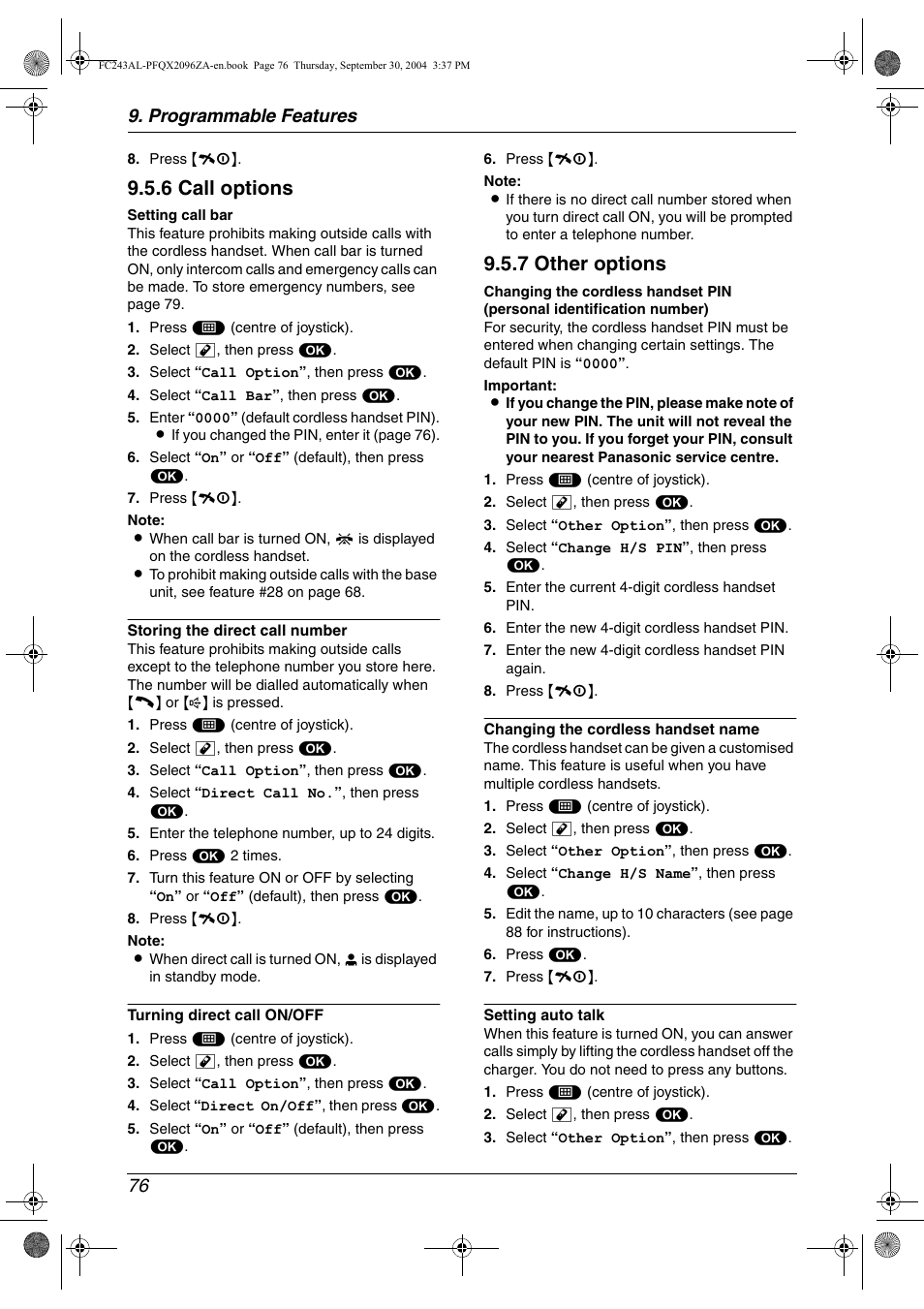 6 call options, 7 other options, Programmable features 76 | Panasonic KX-FC241AL User Manual | Page 78 / 114