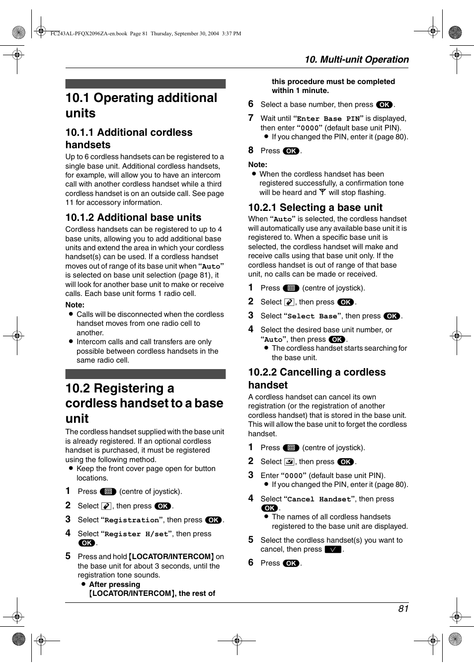 1 operating additional units, 2 registering a cordless handset to a base unit, 1 additional cordless handsets | 2 additional base units, 1 selecting a base unit, 2 cancelling a cordless handset | Panasonic KX-FC241AL User Manual | Page 83 / 114