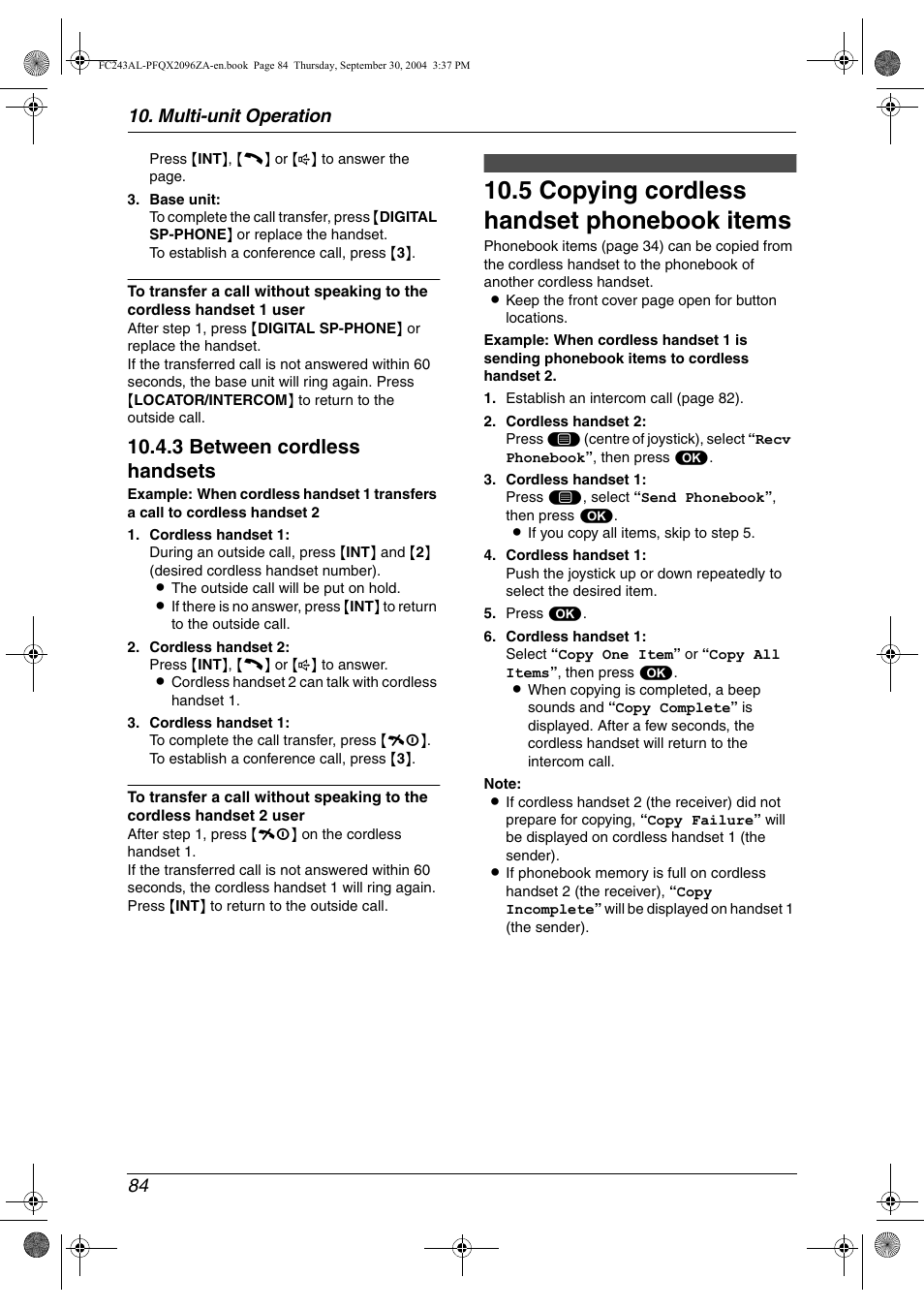 5 copying cordless handset phonebook items, 3 between cordless handsets, Multi-unit operation 84 | Panasonic KX-FC241AL User Manual | Page 86 / 114