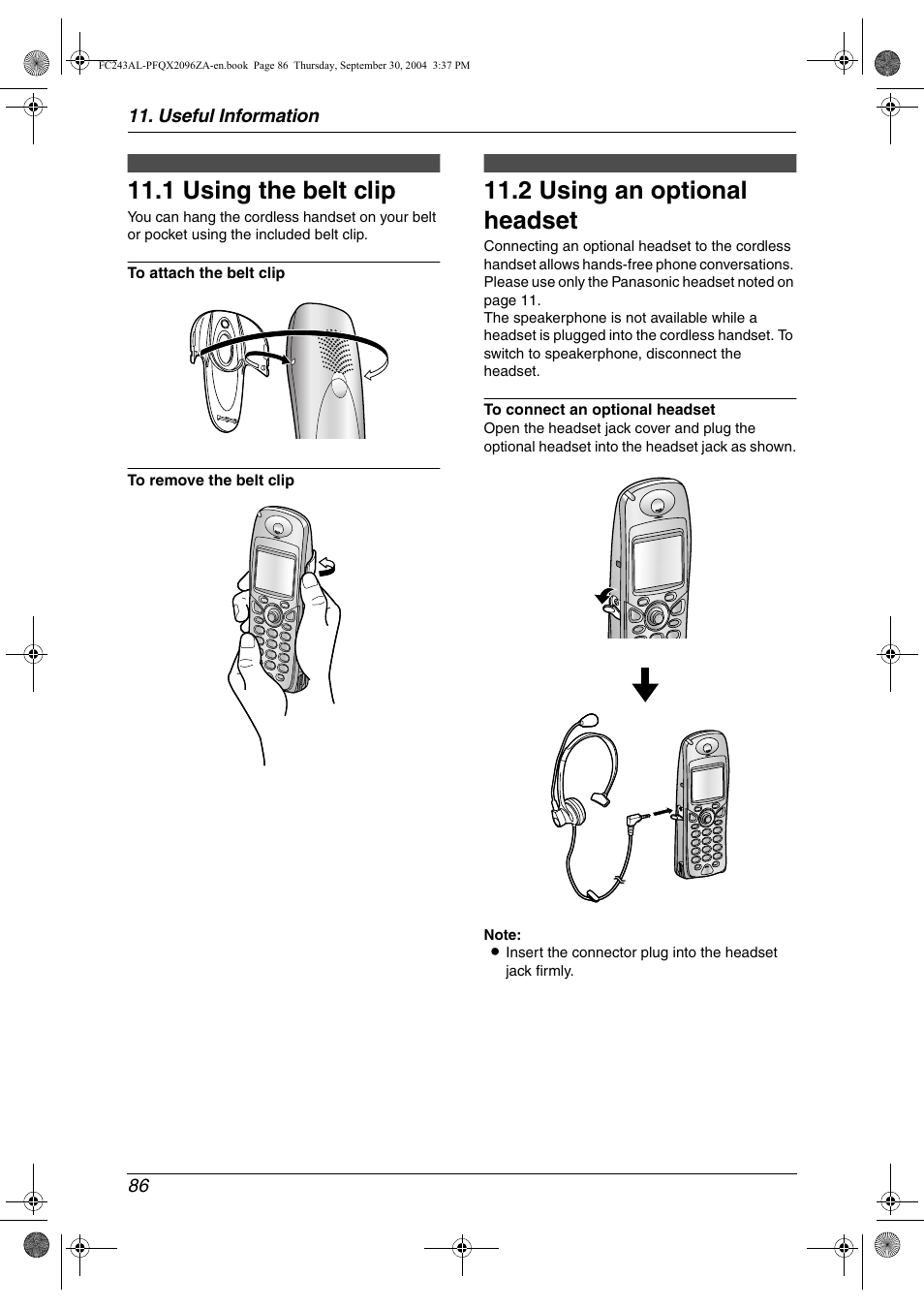 1 using the belt clip, 2 using an optional headset, Useful information 86 | Panasonic KX-FC241AL User Manual | Page 88 / 114