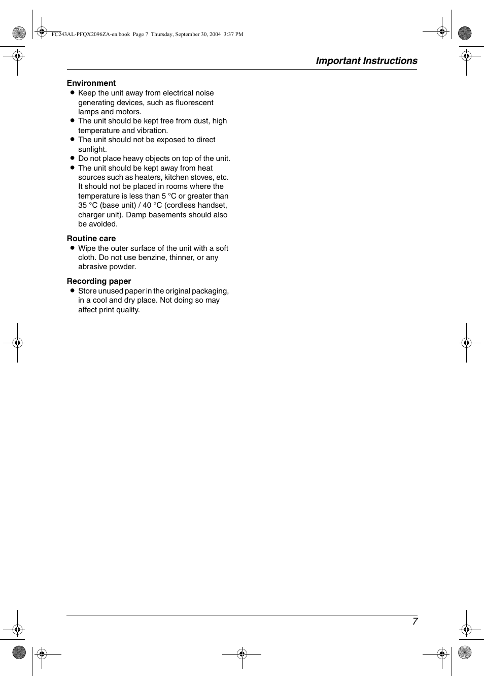 Important instructions 7 | Panasonic KX-FC241AL User Manual | Page 9 / 114