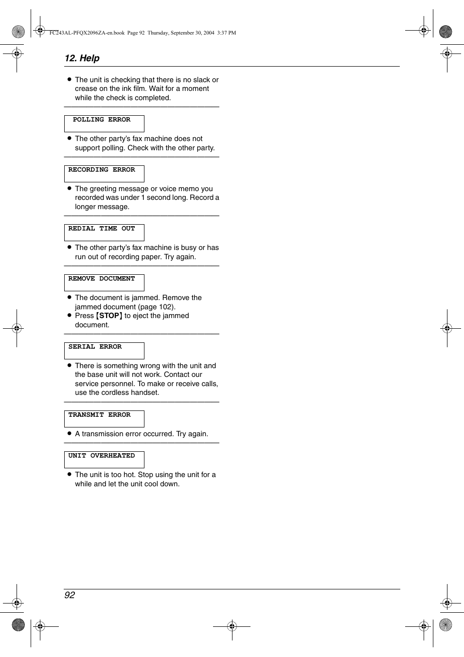 Help 92 | Panasonic KX-FC241AL User Manual | Page 94 / 114