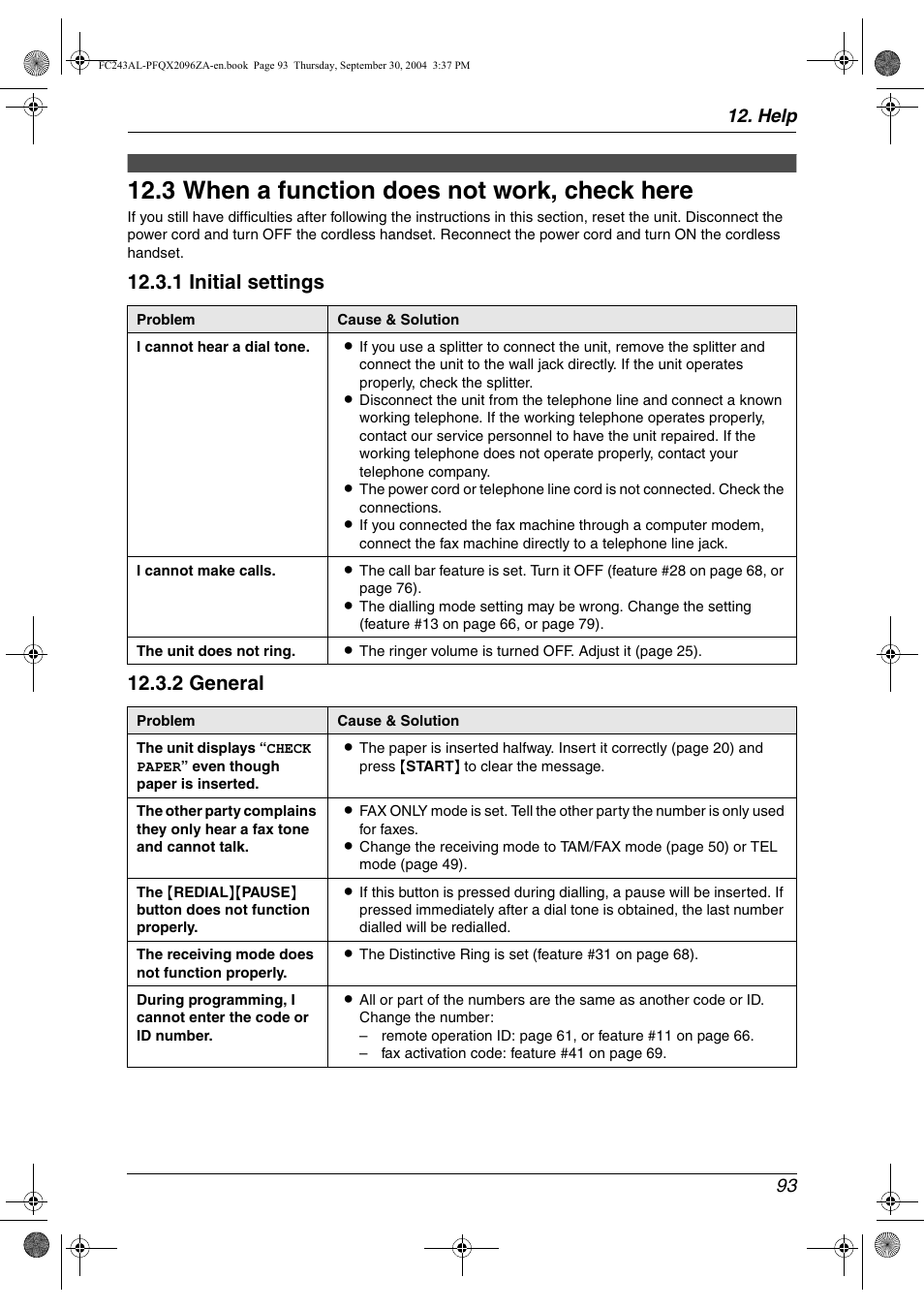 3 when a function does not work, check here, Help 93 | Panasonic KX-FC241AL User Manual | Page 95 / 114