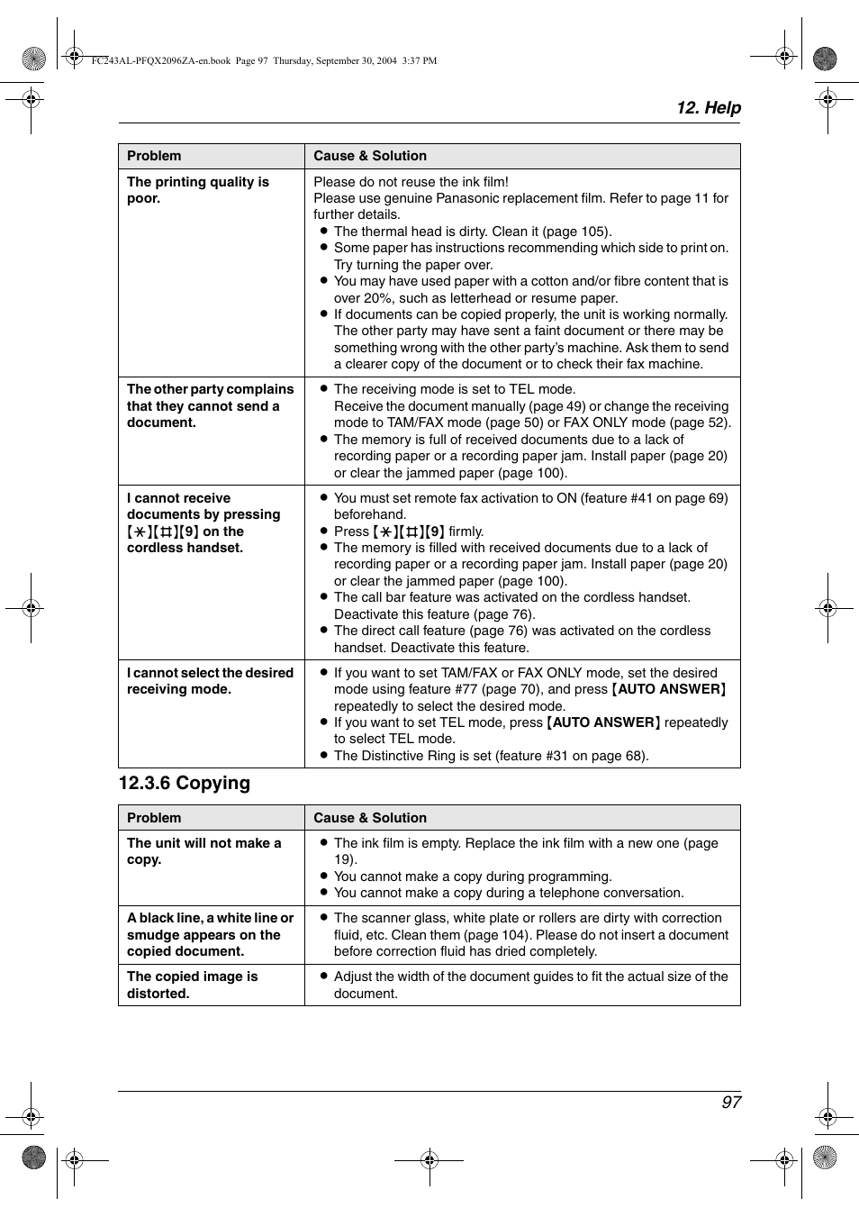 6 copying, Help 97 | Panasonic KX-FC241AL User Manual | Page 99 / 114